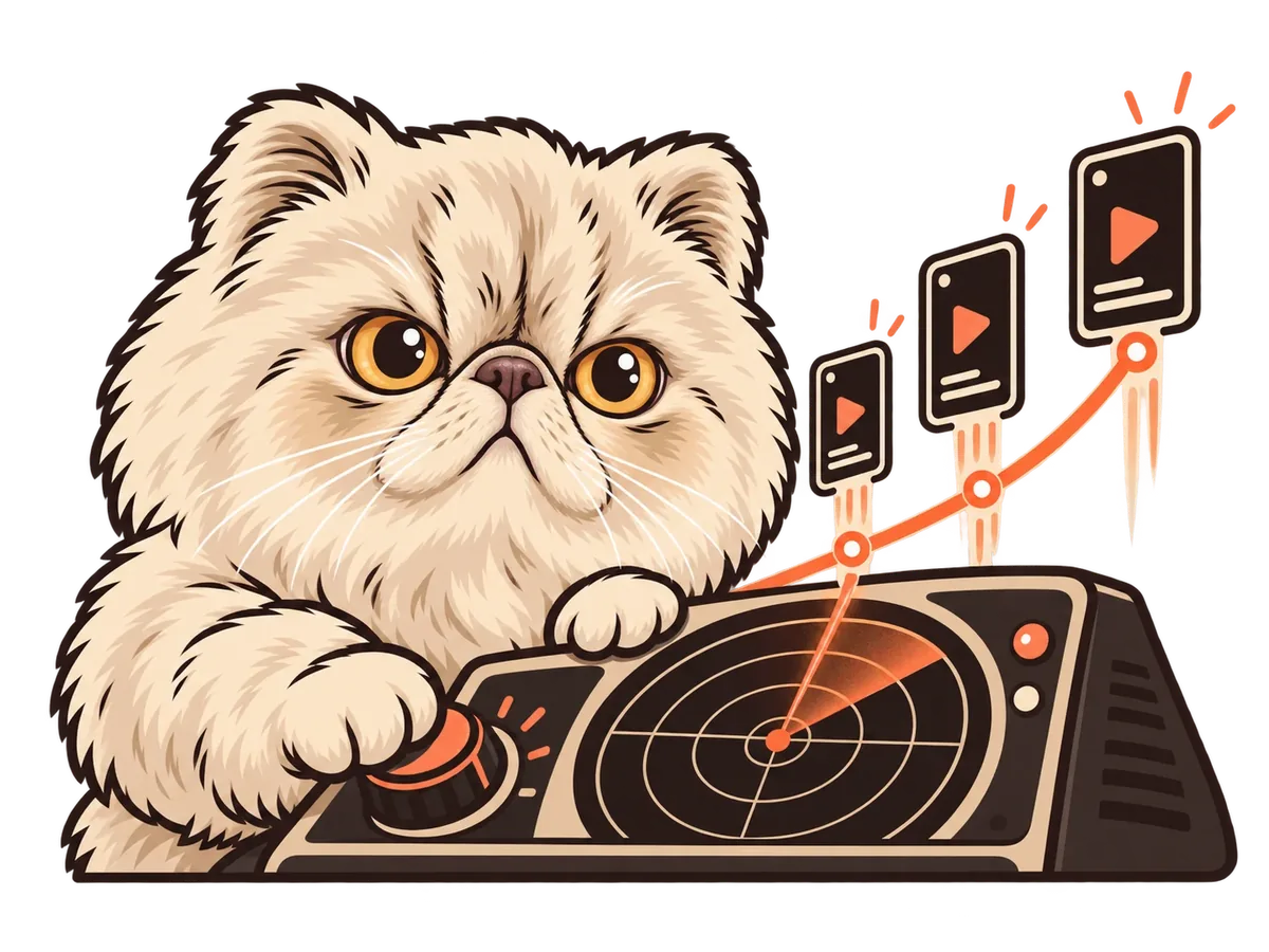 copiecat 小猫坐在雷达控制台前，看着三条视频的数据往上涨
